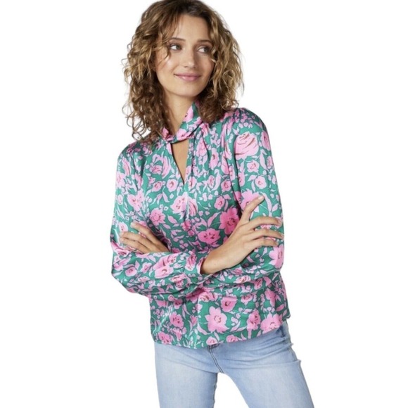 Esqualo Shimmer Rose Balloon Sleeve Keyhole Blouse Womens Size 12 NWT $98 - Picture 3 of 16